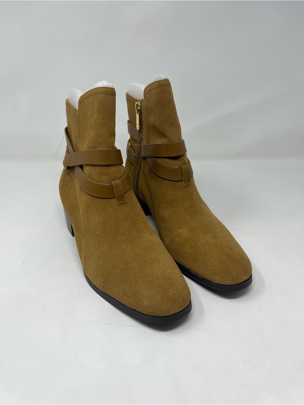 Wonder Womens Ankle Boots Size 8 Tan‎ Suede Strap Buckle Zip Low Heel